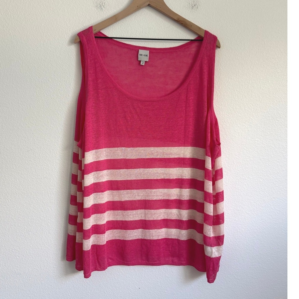 Nic+Zoe Tank Top 3X Pink White Striped Linen Blend Sleeveless Knit Scoop Neck